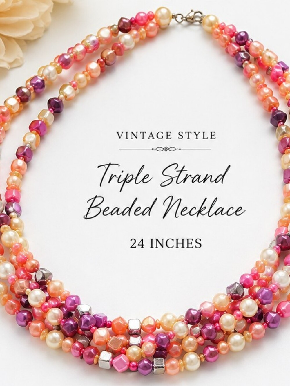 Vintage Y2K Triple Strand Colorful Acrylic Faux Pearl Statement Necklace 24 In